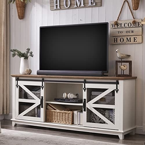 OKD Farmhouse TV Stand for 75 Inch TV, Industrial & Farmhouse Media Entertainment Center w/Sliding Barn Door, Rustic Console Cabinet w/Adjustable Shelves, Antique White