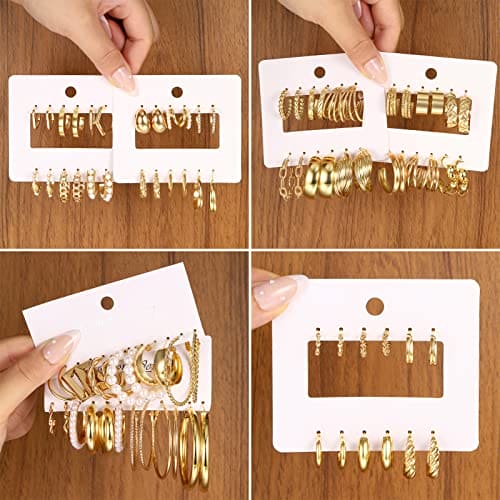 42 Pairs Gold Hoop Earrings Set for Women, Fashion Chunky Pearl Earrings Multipack Twisted Statement Earring Pack, Hypoallergenic Small Big Hoops Earrings for Birthday Party (gold A)
