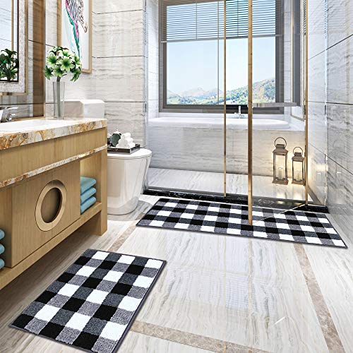 Carvapet 2 Pieces Buffalo Plaid Rug Set Water Absorbent Microfiber Non-Slip Kitchen Rug for Laundry, Door Entry 17"x48"+17"x24", Black and White