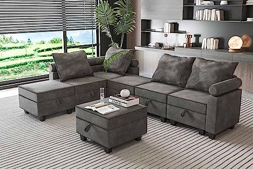 Tbfit Modular Sectional Sofa with Sofa Bed, Sectional Couches with Storage, Modern Sleeper Furniture Sets, Adjustable Arm, Dark Gray, 7-Seat Sofa