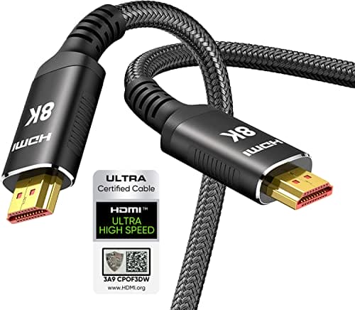 Snowkids 10K 8K HDMI Cable 2.1 10FT/3M 48Gbps, Certified 48Gbps High Speed 3D 8K60 4K120 144Hz Braided HDMI Cord eARC HDR10 HDCP 2.2&2.3 Compatible with Roku TV/PS5/HDTV/Blu-ray Black Durable High Quality Material