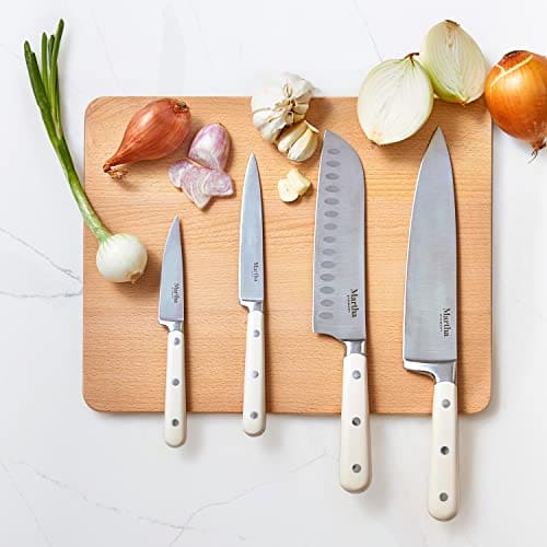 MARTHA STEWART Eastwalk 14 Piece High Carbon Stainless Steel Cutlery Knife Block Set w/ABS Triple Riveted Forged Ergonomic Handles Acacia Wood Block - Linen White