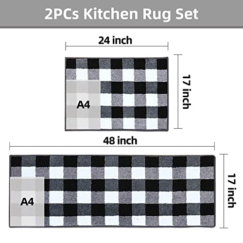 Carvapet 2 Pieces Buffalo Plaid Rug Set Water Absorbent Microfiber Non-Slip Kitchen Rug for Laundry, Door Entry 17"x48"+17"x24", Black and White