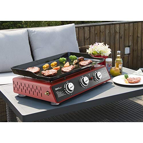 Royal Gourmet PD1301R Portable 24-Inch 3-Burner Table Top Gas Grill and Griddle with Cover, 25,500 BTUs, Outdoor Cooking Camping or Tailgating, Red Colored