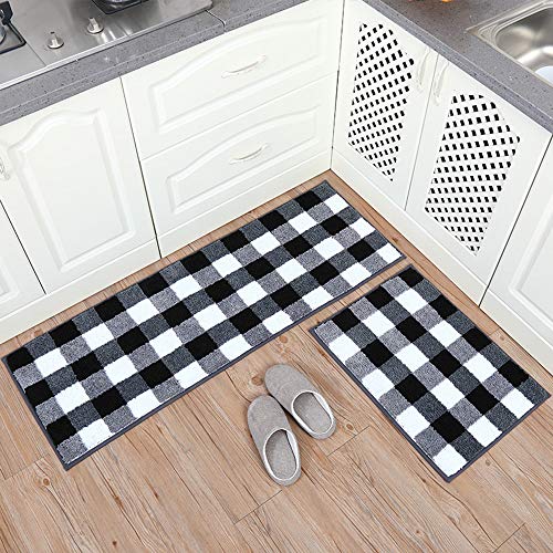 Carvapet 2 Pieces Buffalo Plaid Rug Set Water Absorbent Microfiber Non-Slip Kitchen Rug for Laundry, Door Entry 17"x48"+17"x24", Black and White