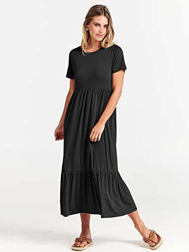 ANRABESS Women's Fall Casual Short Sleeve Crewneck Swing Dress Flowy Tiered Maxi Beach Dress with Pockets 727heise-M Black