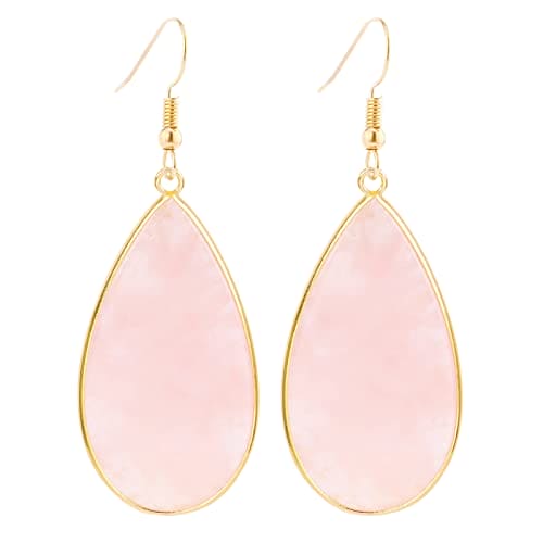 BaubleStar Natural Crystal Healing Birth Stone Statement Drop Earrings Pink Teardrop Quartz Dangle Gold Fashion Jewelry for Women Girls