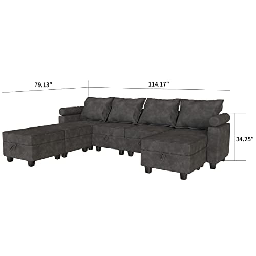 Tbfit Modular Sectional Sofa with Sofa Bed, Sectional Couches with Storage, Modern Sleeper Furniture Sets, Adjustable Arm, Dark Gray, 7-Seat Sofa