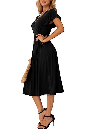 GRECERELLE Fall Autumn Dress for Women, Casual Short Sleeve Black Dresses, Wrap V-Neck Party Dress