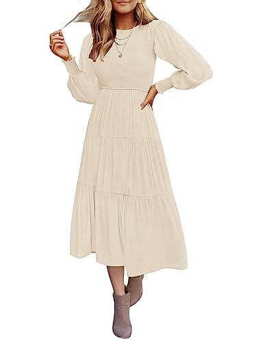 ZESICA Women's 2023 Casual Long Sleeve Crew Neck High Waist Smocked Flowy Tiered Midi Dress For all Occasions