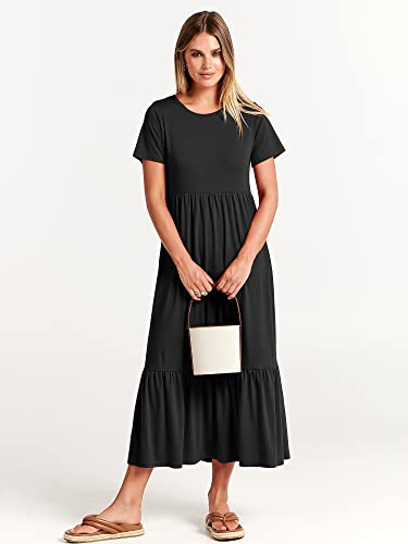 ANRABESS Women's Fall Casual Short Sleeve Crewneck Swing Dress Flowy Tiered Maxi Beach Dress with Pockets 727heise-M Black