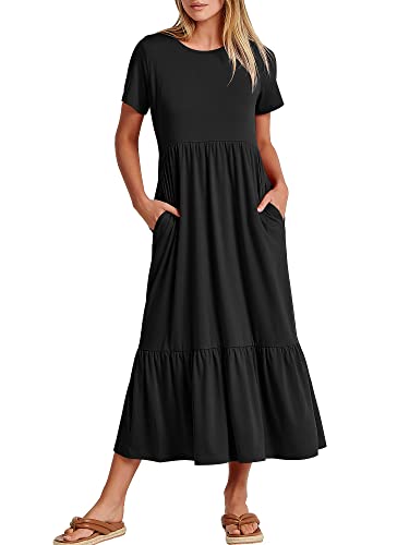 ANRABESS Women's Fall Casual Short Sleeve Crewneck Swing Dress Flowy Tiered Maxi Beach Dress with Pockets 727heise-M Black