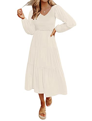 MEROKEETY Women's Long Sleeve Smocked Fall Dress, V Neck Long Puff Sleeve Dress with Pockets