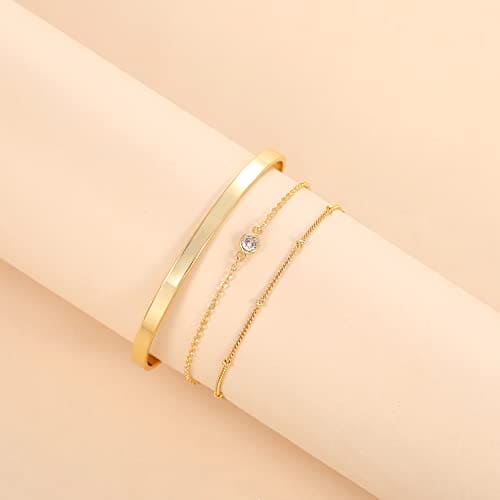 Moodear Gold Bracelet Sets for Women 14K Gold Plated Dainty Beaded Bracelets Stack Adjustable Layered Gold Link Bracelet Crystal Center Bracelet Cuff Bangle Set Fashion Jewelry