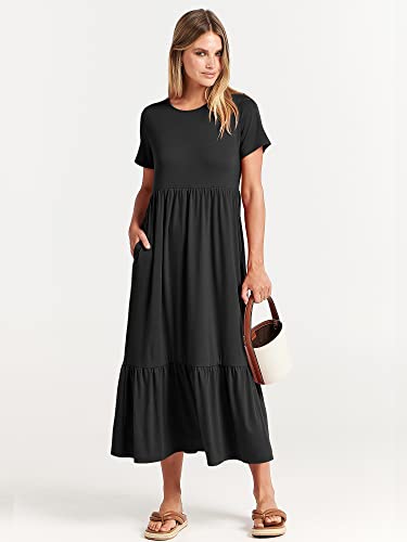 ANRABESS Women's Fall Casual Short Sleeve Crewneck Swing Dress Flowy Tiered Maxi Beach Dress with Pockets 727heise-M Black