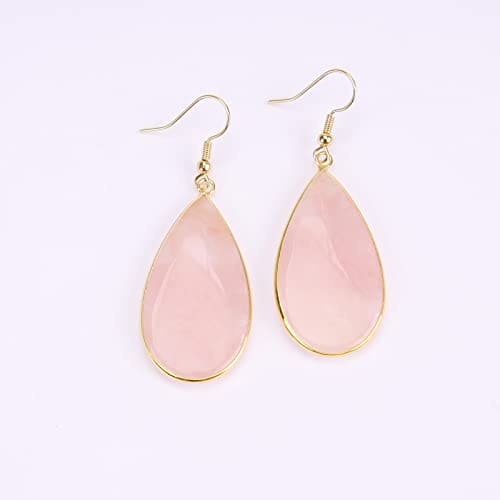 BaubleStar Natural Crystal Healing Birth Stone Statement Drop Earrings Pink Teardrop Quartz Dangle Gold Fashion Jewelry for Women Girls