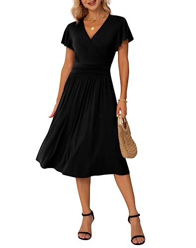 GRECERELLE Fall Autumn Dress for Women, Casual Short Sleeve Black Dresses, Wrap V-Neck Party Dress