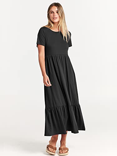 ANRABESS Women's Fall Casual Short Sleeve Crewneck Swing Dress Flowy Tiered Maxi Beach Dress with Pockets 727heise-M Black