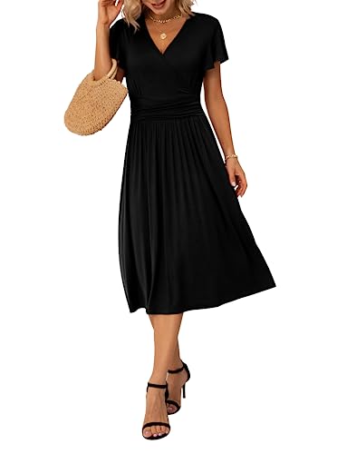 GRECERELLE Fall Autumn Dress for Women, Casual Short Sleeve Black Dresses, Wrap V-Neck Party Dress