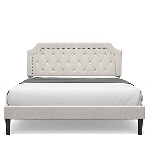 Queen Size Bed Frame Upholstered Low Profile Traditional Platform with Tufted and Nail Headboard/No Box Spring Needed/No Bed Skirt Needed/Linen Fabric Upholstery (Beige Queen Size) 4 drawers