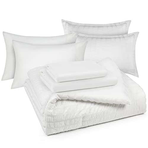 CozyLux Queen Bed in a Bag White Seersucker Comforter Set with Sheets 7-Pieces All Season Bedding Comforter, Pillow Sham, Flat Sheet, Fitted Sheet and Pillowcase Deep Pocket Fitted Sheet