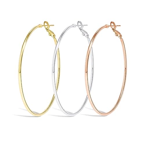Cocadant 3 Pairs 60mm Big Hoop Earrings for Women Girls,Stainless Steel Earrings 14K Gold Plated Rose Gold Plated Silver Hypoallergenic Hoops set