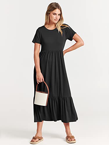 ANRABESS Women's Fall Casual Short Sleeve Crewneck Swing Dress Flowy Tiered Maxi Beach Dress with Pockets 727heise-M Black