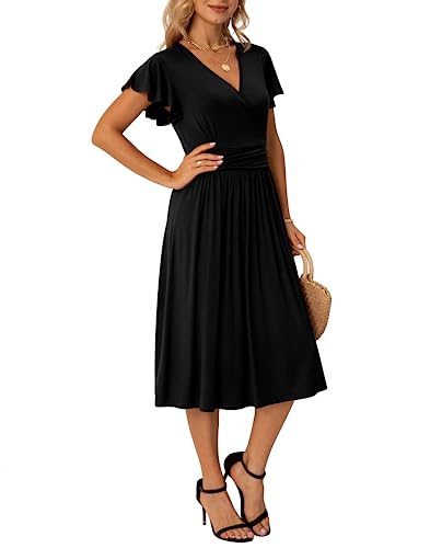 GRECERELLE Fall Autumn Dress for Women, Casual Short Sleeve Black Dresses, Wrap V-Neck Party Dress