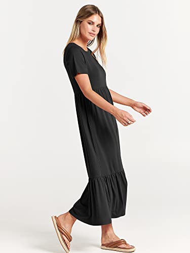 ANRABESS Women's Fall Casual Short Sleeve Crewneck Swing Dress Flowy Tiered Maxi Beach Dress with Pockets 727heise-M Black