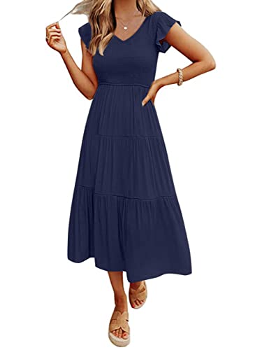 MEROKEETY Women's Casual Ruffle Midi Dress V Neck Flowy Long Sun Dress