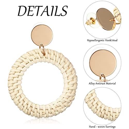 6 Pairs Rattan Earrings Straw Earrings Tassel Woven Bohemian Earring Handmade Wicker Braid Hoop Drop Earring For Women Girls (Charming Series)