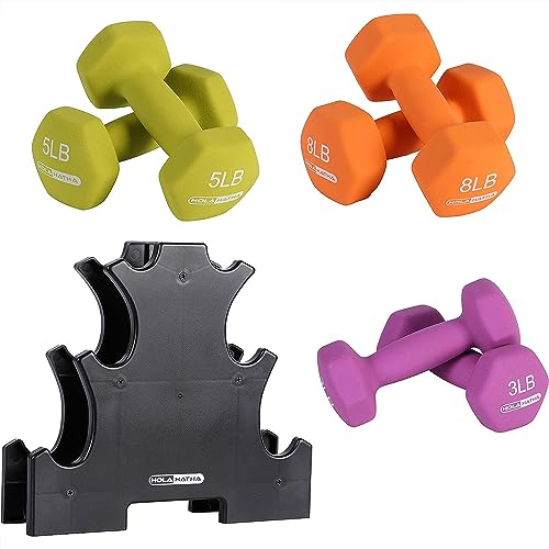 3Lb, 5Lb & 8Lb Hex Dumbbell Set with Rack Stand, Ideal Strength Weight Training for Ladies, Women’s weights Perfect home workout gym exercises for muscle toning fitness