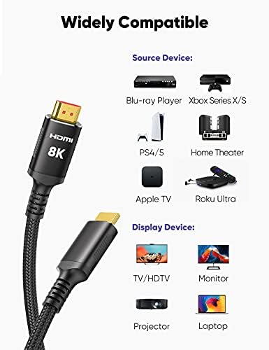 Snowkids 10K 8K HDMI Cable 2.1 10FT/3M 48Gbps, Certified 48Gbps High Speed 3D 8K60 4K120 144Hz Braided HDMI Cord eARC HDR10 HDCP 2.2&2.3 Compatible with Roku TV/PS5/HDTV/Blu-ray Black Durable High Quality Material