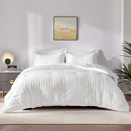 CozyLux Queen Bed in a Bag White Seersucker Comforter Set with Sheets 7-Pieces All Season Bedding Comforter, Pillow Sham, Flat Sheet, Fitted Sheet and Pillowcase Deep Pocket Fitted Sheet