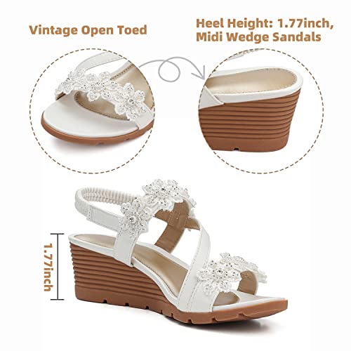 SHIBEVER Wedge Sandals for Women Bohemia Elastic Ankle Strap Sandals Open Toe Beautiful Flower Rhinestone Summer Platform Shoes White