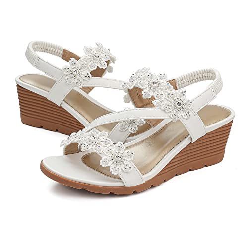 SHIBEVER Wedge Sandals for Women Bohemia Elastic Ankle Strap Sandals Open Toe Beautiful Flower Rhinestone Summer Platform Shoes White