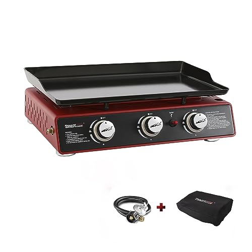 Royal Gourmet PD1301R Portable 24-Inch 3-Burner Table Top Gas Grill and Griddle with Cover, 25,500 BTUs, Outdoor Cooking Camping or Tailgating, Red Colored