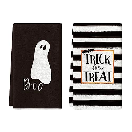 Artoid Mode Stripes Trick or Treat Ghost Halloween Kitchen Towels Dish Towels, 18 x 26 Inch Boo Holiday Drying Cloth Hand Towels for Cooking Baking Set of 2