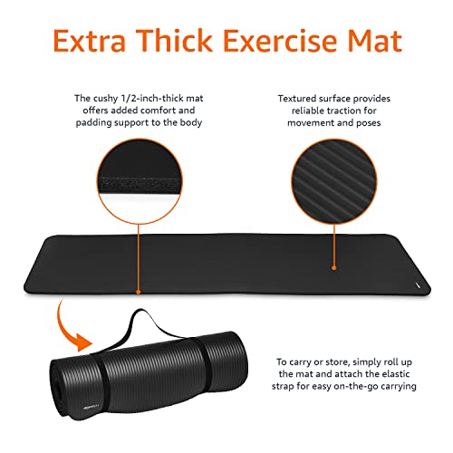 Amazon Basics Extra Thick Exercise Yoga Gym Floor Mat with Carrying Elastic Strap, 74 x 24 x .5 Inches, Black