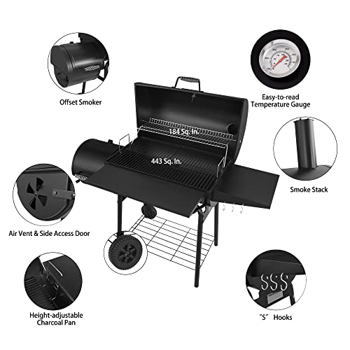 Royal Gourmet CC1830SC Charcoal Grill Offset Smoker with Cover, 811 Square Inches, Black, Outdoor Camping Ample Space