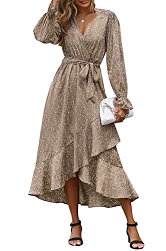 BTFBM Women Long Sleeve Wrap Maxi Dress V Neck Boho Floral High Waist Breathable Soft Flowing Ruffle 2023 Fall Dress