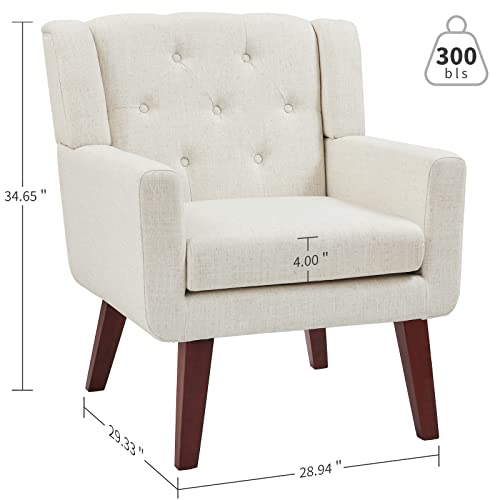 Accent Reading Chair Button-Tufted Upholstered Comfy Mid Century Modern Chair with Linen Fabric Lounge Arm Chairs for Living Room Bedroom, Tapered Birch Wood Legs (Beige)