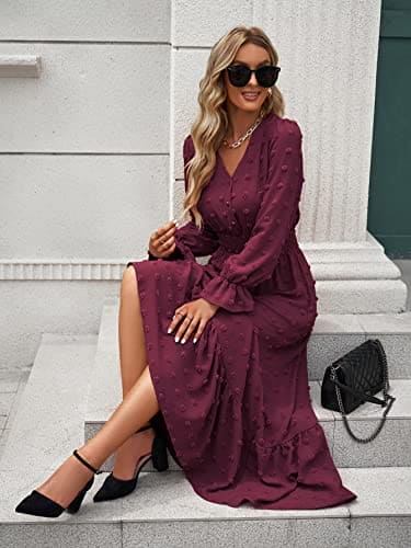 MASCOMODA Women Boho Maxi Dress 2023 Long Sleeve V Neck Swiss Dot Smocked High Waisted Button, Anti-Wrinkle Ruffle Tiered Fall Dress