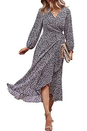 PRETTYGARDEN Women's Long Sleeve Vintage Flowy Dress Floral Print V-Neck Dresses