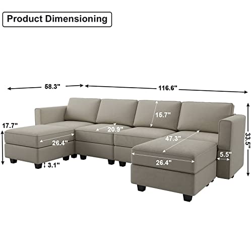 Belffin Modular Sectional Sofa with Reversible Chaises U Shaped Sectional Couch with Storage Seat Grey Adjustable Backrest and Armrest