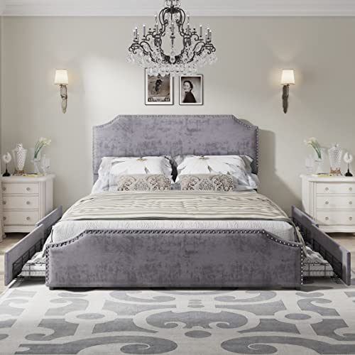 AMERLIFE King Size Bed Frame with 4 Storage Drawers and Headboard, Velvet Upholstered Platform Rivet Curved Adjustable Headboard/Strong Wooden Slats/Easy Assembly/Grey