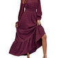 MASCOMODA Women Boho Maxi Dress 2023 Long Sleeve V Neck Swiss Dot Smocked High Waisted Button, Anti-Wrinkle Ruffle Tiered Fall Dress