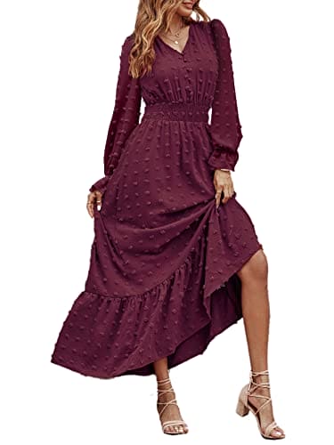 MASCOMODA Women Boho Maxi Dress 2023 Long Sleeve V Neck Swiss Dot Smocked High Waisted Button, Anti-Wrinkle Ruffle Tiered Fall Dress