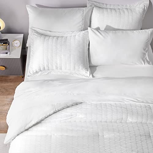 CozyLux Queen Bed in a Bag White Seersucker Comforter Set with Sheets 7-Pieces All Season Bedding Comforter, Pillow Sham, Flat Sheet, Fitted Sheet and Pillowcase Deep Pocket Fitted Sheet