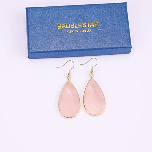 BaubleStar Natural Crystal Healing Birth Stone Statement Drop Earrings Pink Teardrop Quartz Dangle Gold Fashion Jewelry for Women Girls